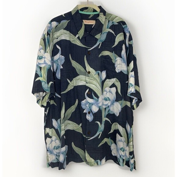 TOMMY BAHAMA 100% Silk Hawaiian Aloha Shirt Men’s XXL Blue Tropical Short Sleeve - Picture 1 of 13